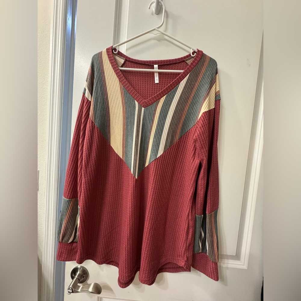 NWOT Striped V-Neck Long Sleeve Top - Red and Multicolor